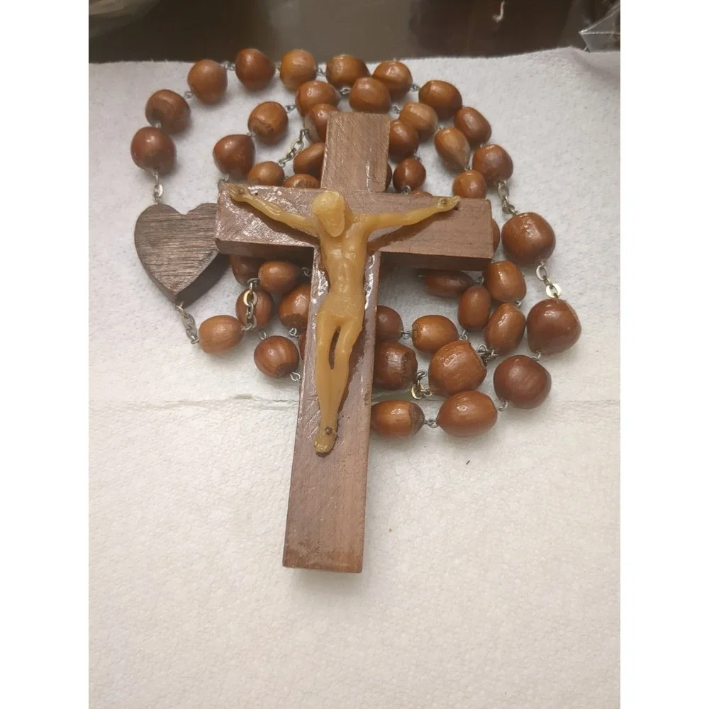 Antique Vintage Wood Rosary Resin Or Plastic Christ, Brown Beads Probably Acorns